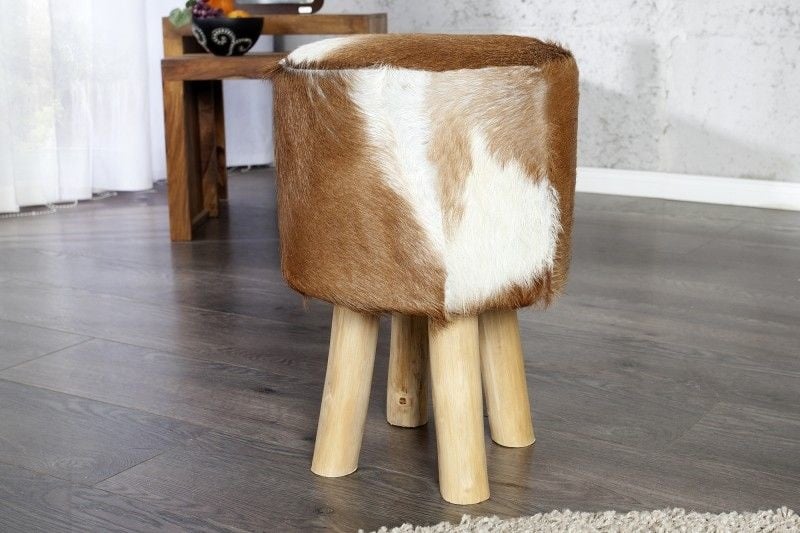 Design kruk HIDE 45cm bruin wit met geitenleer en teak - 35441