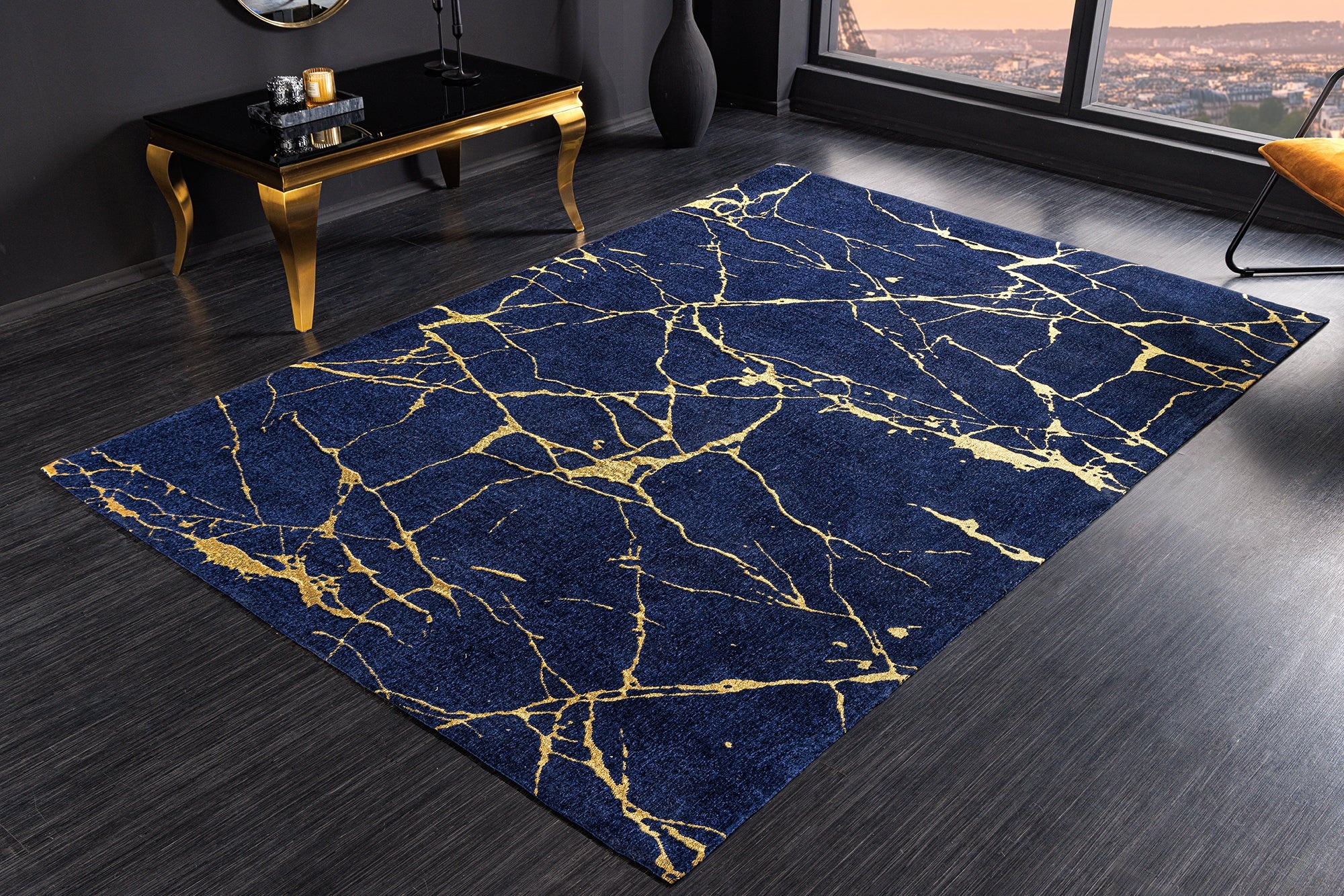 Design Tapijt MARBLE 240x160cm Royal Blue Gold Marble Look Flatweave - 44432