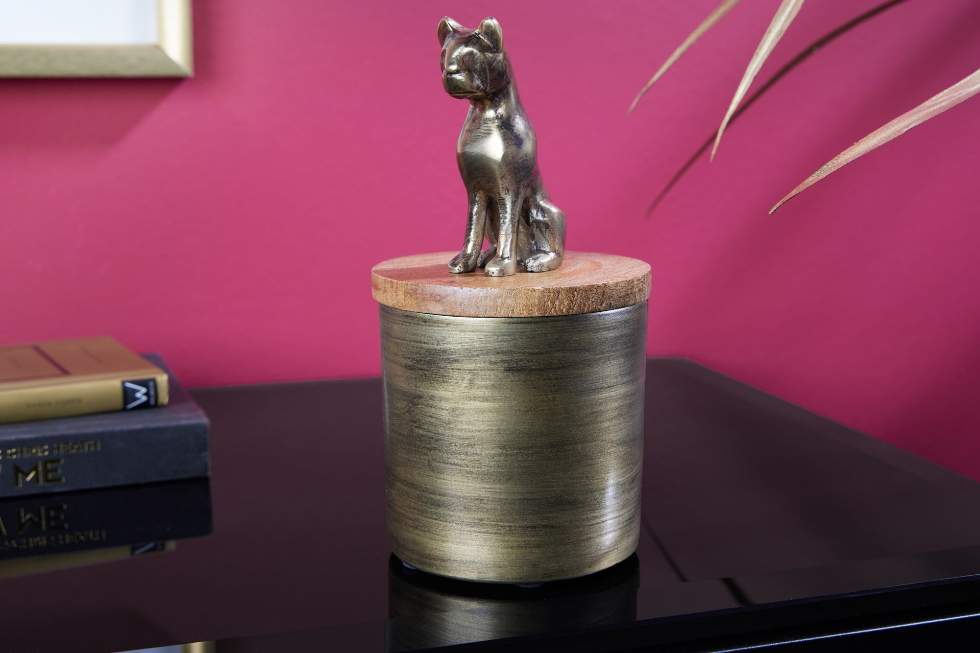 Design Tin PANTHER 20cm Goud Natuurlijk Mango Hout Panter Figuur Metaal Decoratie - 44485