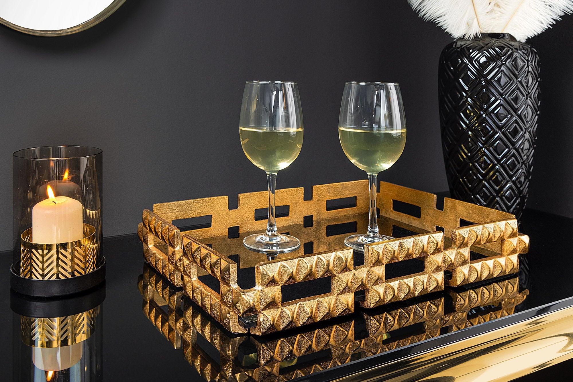 Handgemaakt dienblad VARIATION 40cm zwart goud metaal aluminium glas - 44880