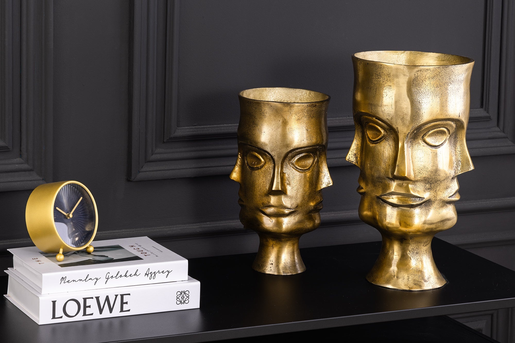 Handgemaakte Set van 2 Vazen FACE 40cm Antiek Messing Metalen Bloempotten - 44872