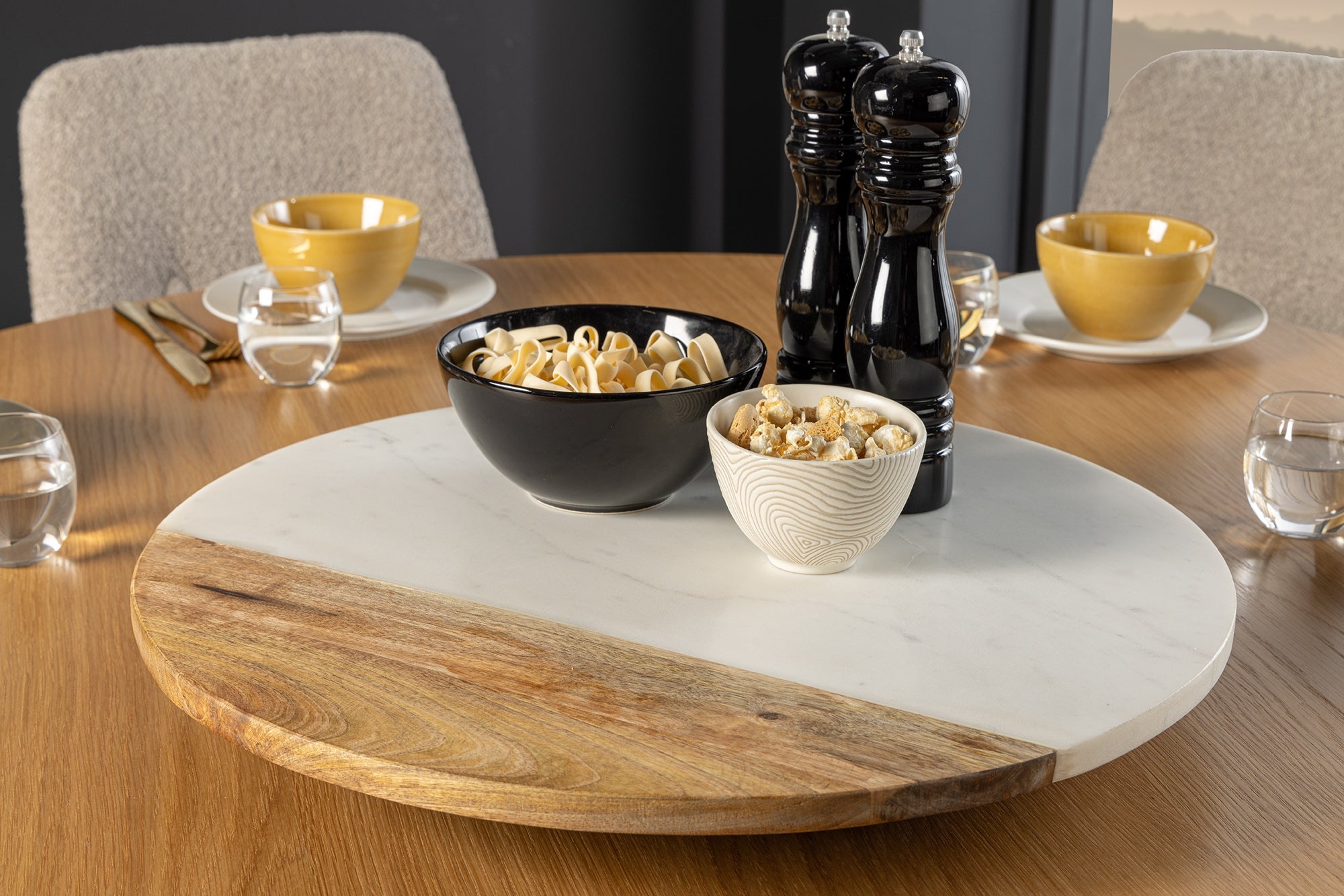 Handgemaakte draaitafel SERVANT 50cm Wit Naturel Marmer Mango Hout Decoratieve Plaat Rond - 43951