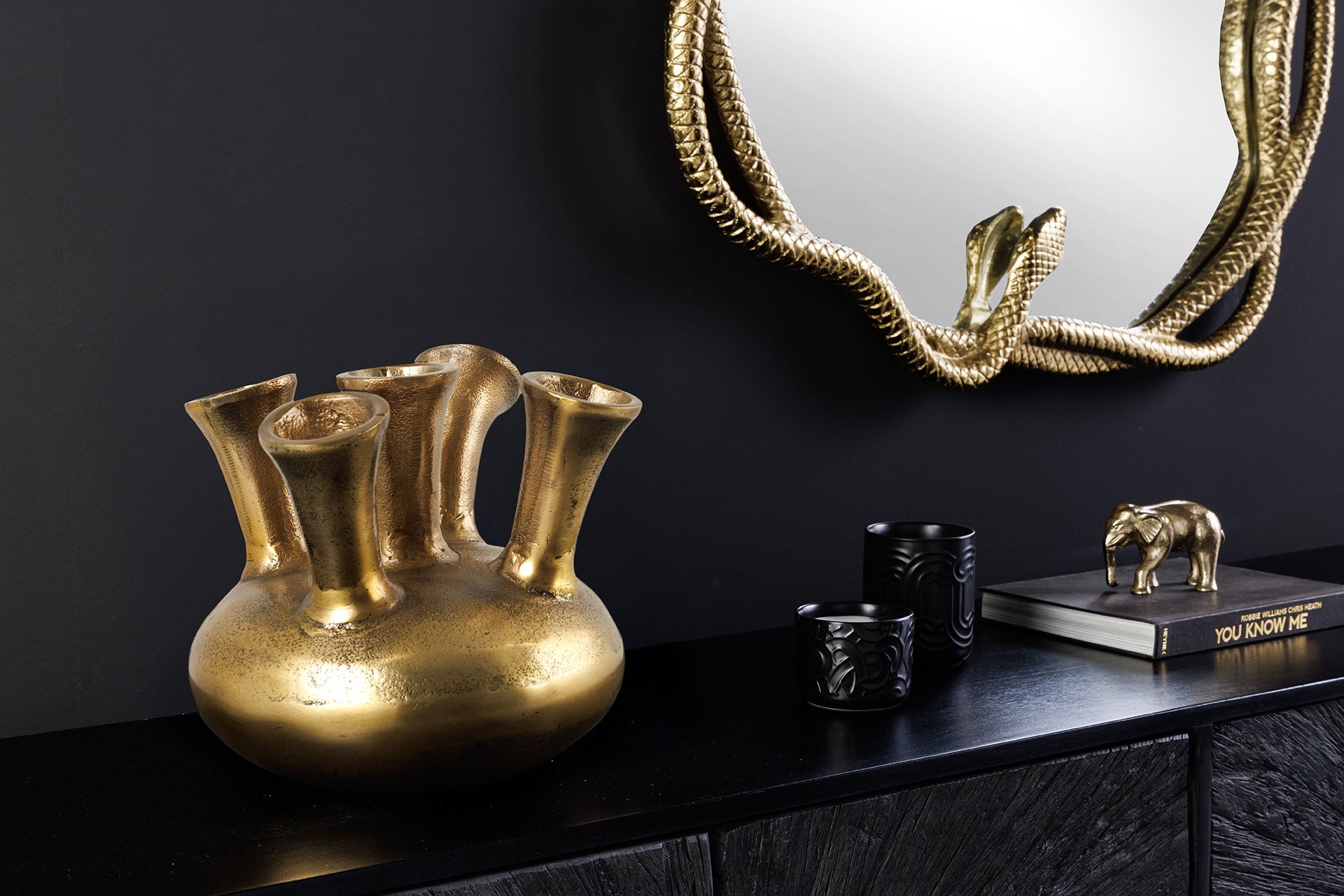 Handgemaakte vaas KIYA 25cm goud met vijf openingen bloemenvaas - 44862