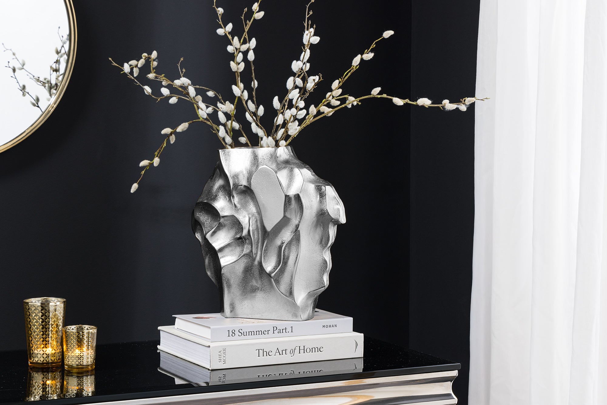 Handgemaakte vaas LIQUID 25cm zilver metaal gehamerd design - 44879