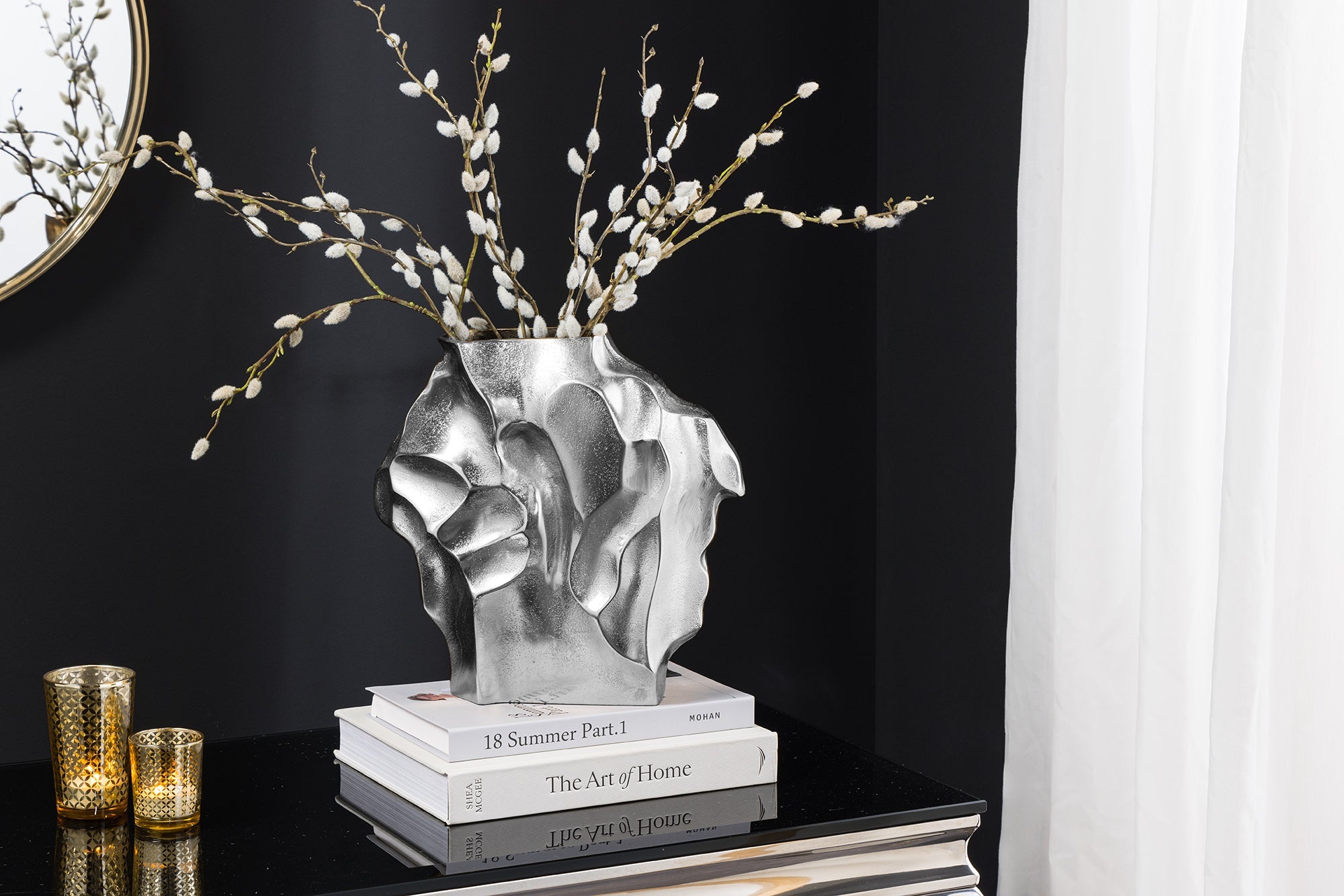 Handgemaakte vaas LIQUID 30cm zilver metaal gehamerd design - 44877