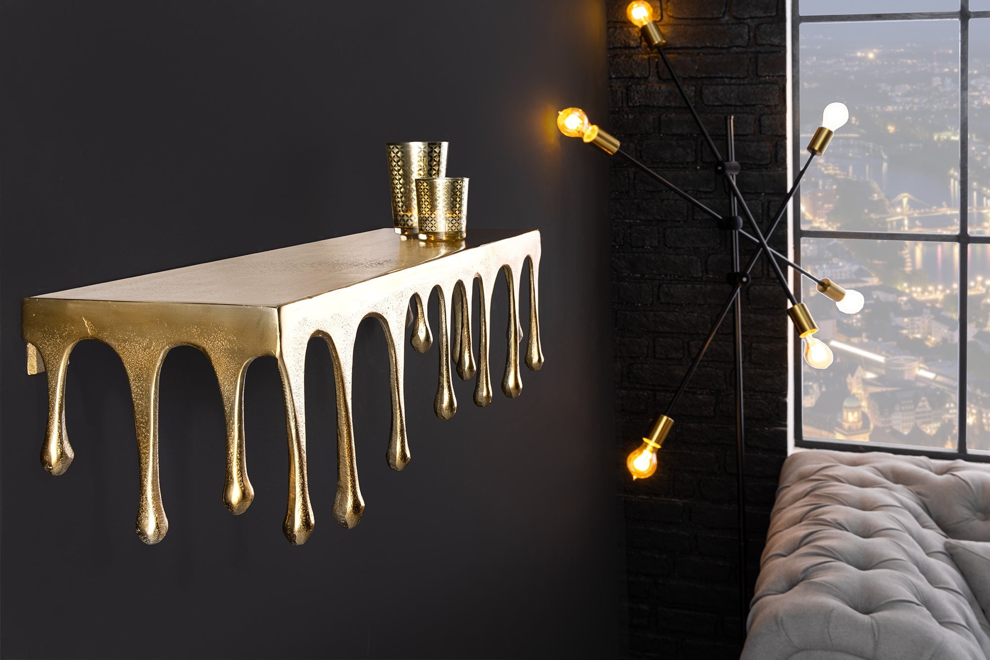 Handgemaakte wandplank LIQUID LINE 60 cm goud antiek metalen druppelontwerp - 44882