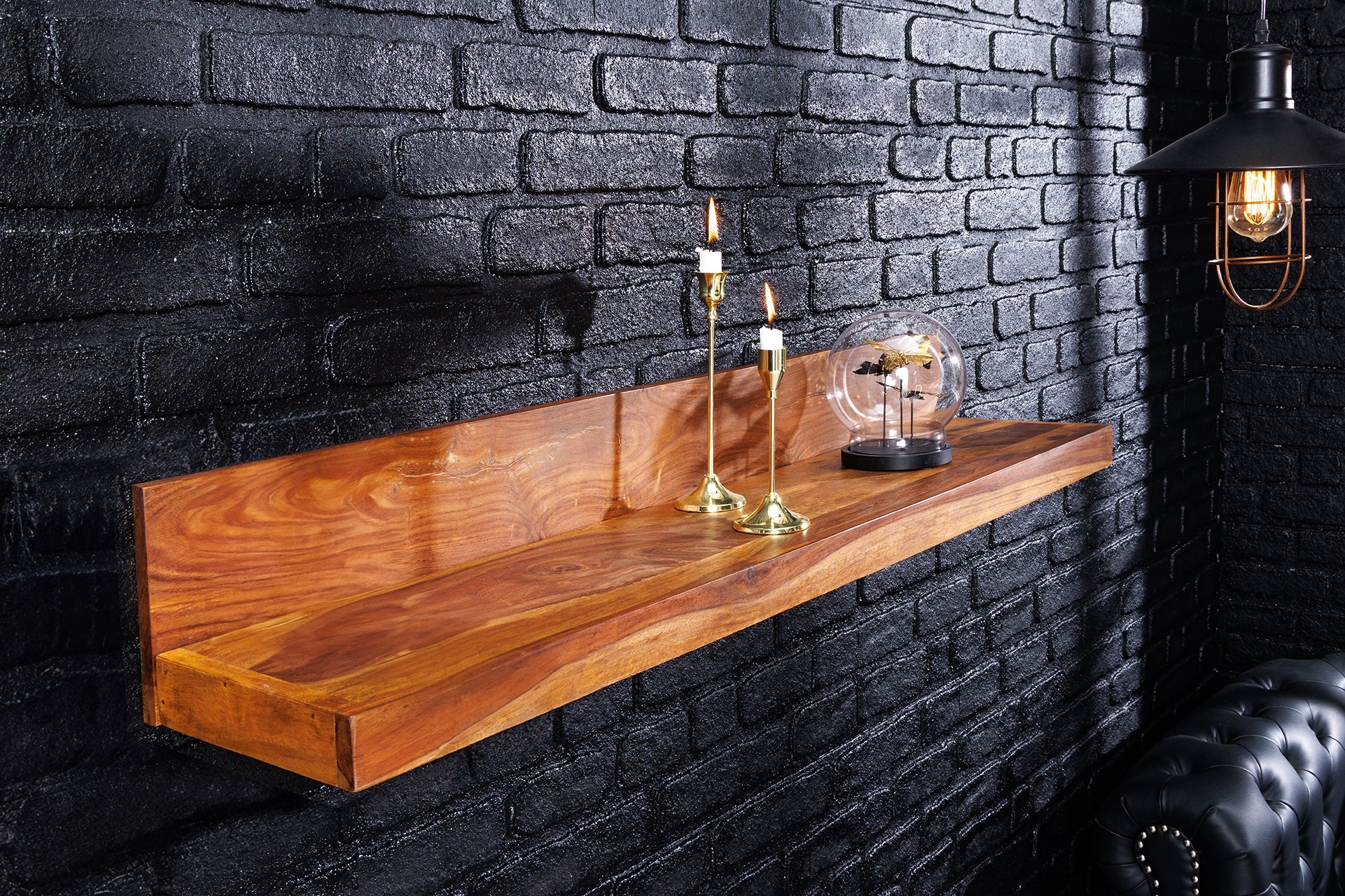 Massives Wandregal MAKASSAR 80cm braun Sheeshamholz stone finish handmade - 44744