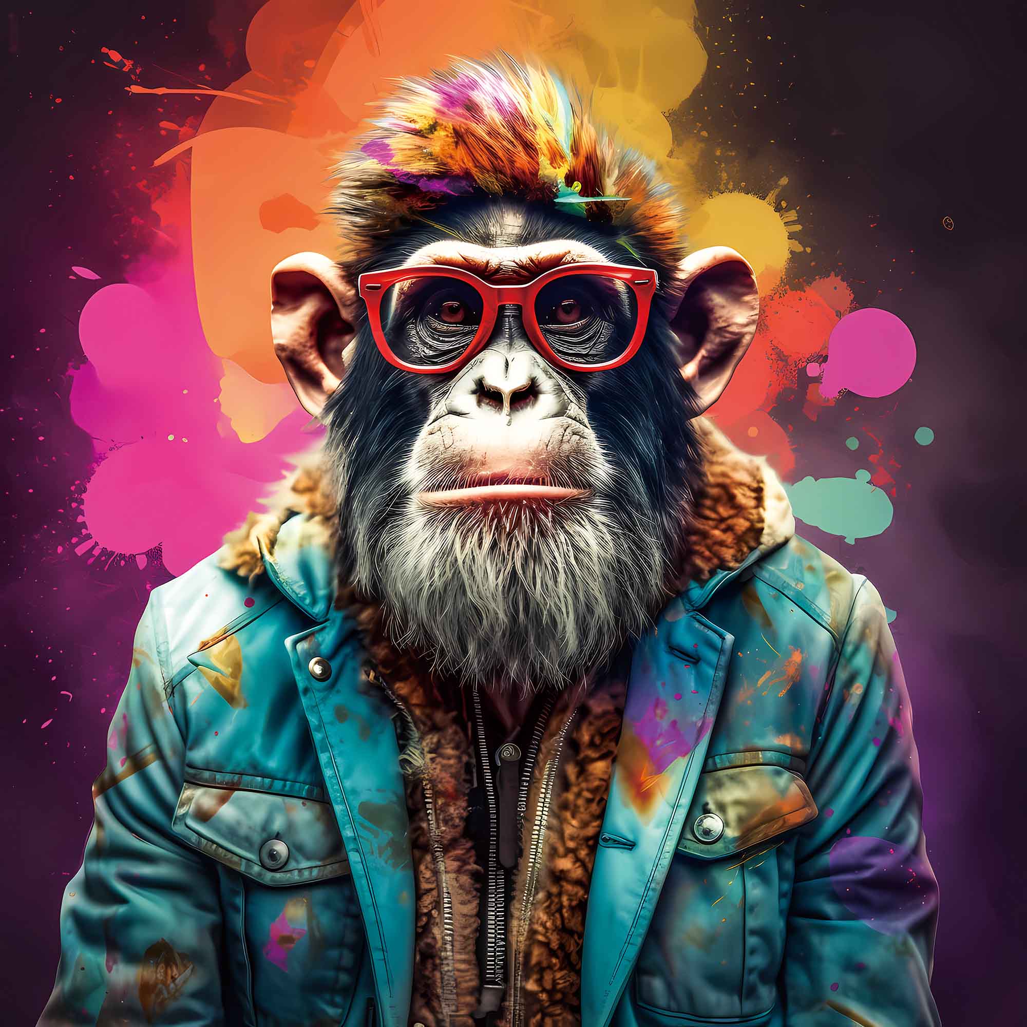 Glasschilderij Colorfull Monkey 80x80cm