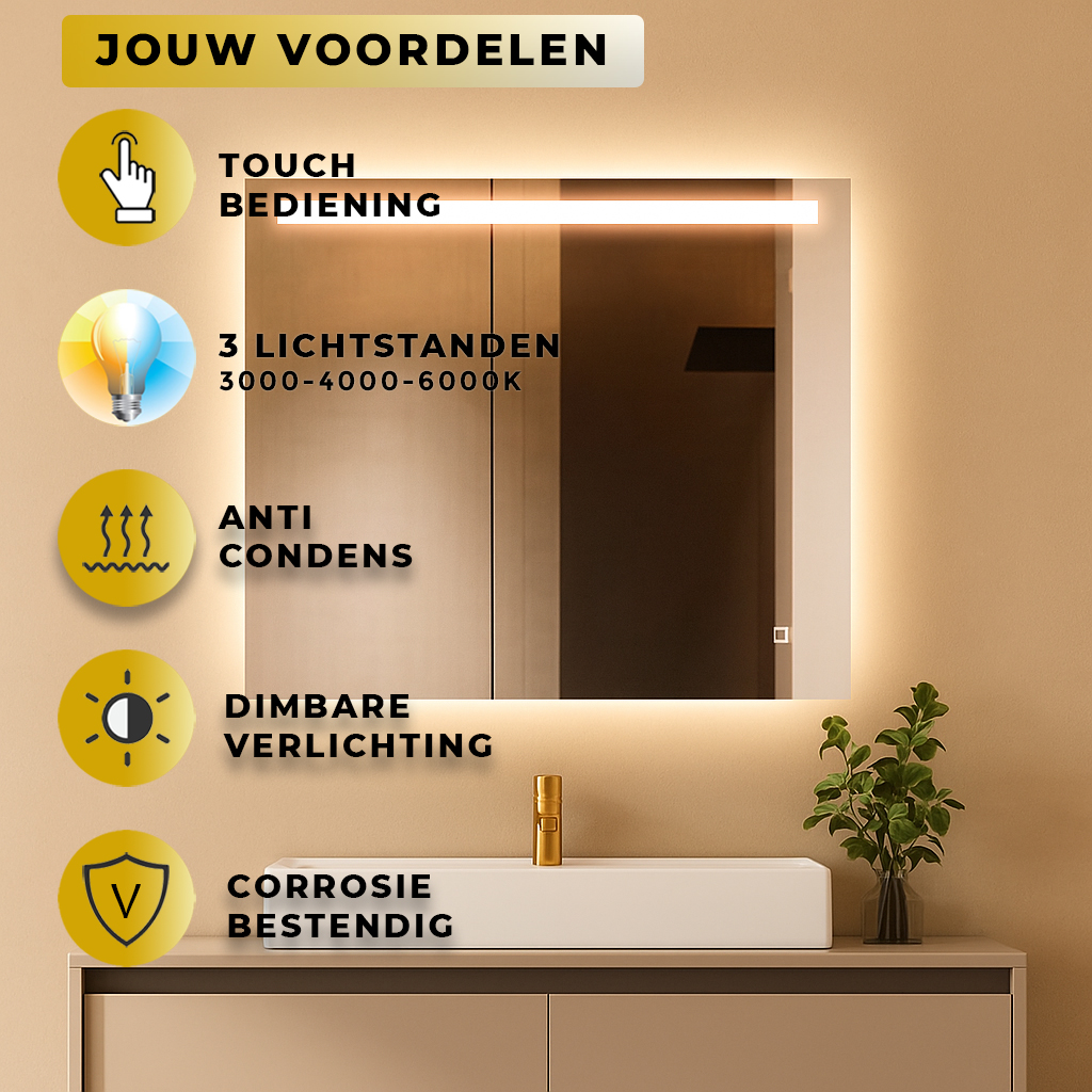 Badkamerspiegel Rechthoek Ambi 80x60CM | LED | Verwarming | Dimbaar - Afbeelding 2