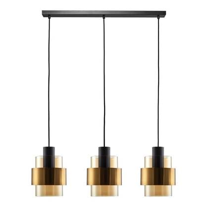 Freelight Hanglamp Chiasso Zwart Goud & Amber Glas 3 Lichts L 1 mtr