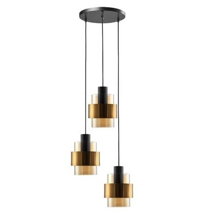 Freelight Hanglamp Chiasso Zwart Goud & Amber Glas 3 Lichts Rond Ø