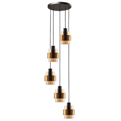 Freelight Hanglamp Chiasso Zwart Goud & Amber Glas 5 Lichts Rond Ø
