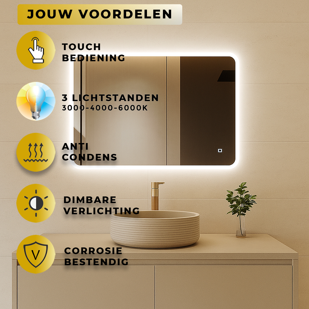 Badkamer Spiegel Misha 80x60CM | LED Verlichting V+A | Condensvrij | Dimbaar