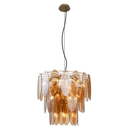QAZQA Art Deco hanglamp goud met amber glas ovaal 14-lichts - Mochan