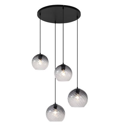 QAZQA Art Deco hanglamp zwart met smoke glas rond 4-lichts - Bao