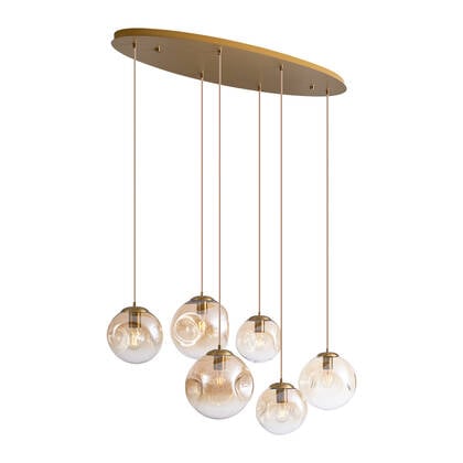 QAZQA Art deco hanglamp messing met ovale plafondplaat en amber glas