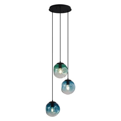 QAZQA Art deco hanglamp zwart met blauw en groen glas 3-lichts -