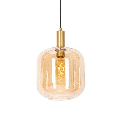 QAZQA Design hanglamp zwart met messing en amber glas - Zuzanna