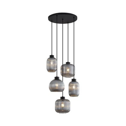 QAZQA Design hanglamp zwart met smoke glas 5-lichts - Ana