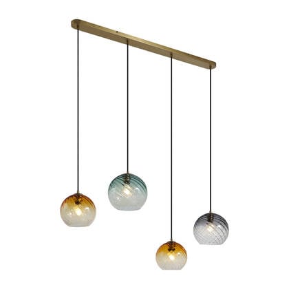 QAZQA Hanglamp brons met smoke amber en groen glas langwerpig
