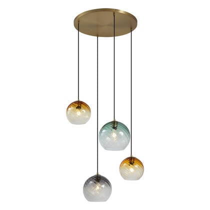 QAZQA Hanglamp brons met smoke amber en groen glas rond 4-lichts -