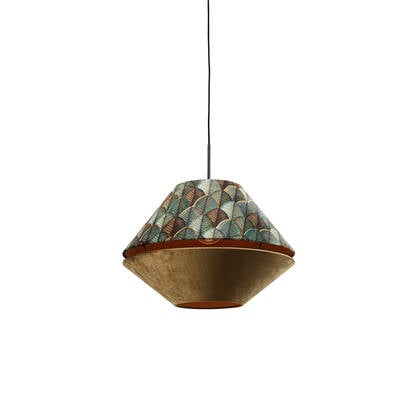 QAZQA Hanglamp zwart met dubbele velours lampenkap blad dessin en