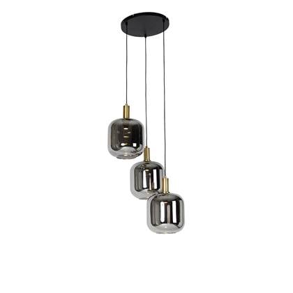 QAZQA Hanglamp zwart met goud en smoke glas incl. 3 PUCC - Zuzanna