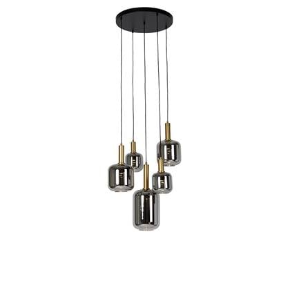 QAZQA Hanglamp zwart met goud met smoke glas incl. 5 PUCC - Zuzanna