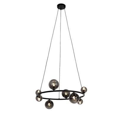 QAZQA Hanglamp zwart met smoke glas rond 8-lichts - Monaco