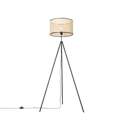 QAZQA Landelijke vloerlamp tripod zwart met rotan kap - Kata