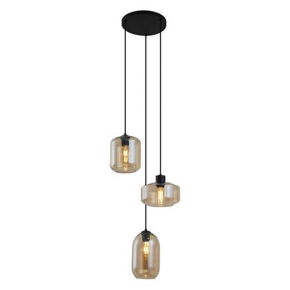 QAZQA Moderne hanglamp zwart met amber glas 3-lichts - Sheena