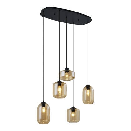 QAZQA Moderne hanglamp zwart met amber glas 5-lichts - Sheena