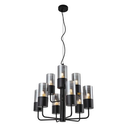 QAZQA Moderne kroonluchter zwart met smoke glas 9-lichts - Laura