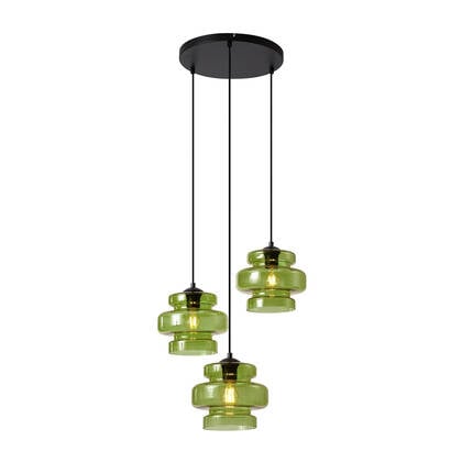 QAZQA Retro hanglamp zwart met groen glas 3-lichts - Denise