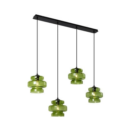 QAZQA Retro hanglamp zwart met groen glas 4-lichts - Denise