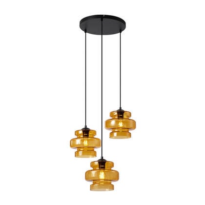 QAZQA Retro hanglamp zwart met oranje glas 3-lichts - Denise