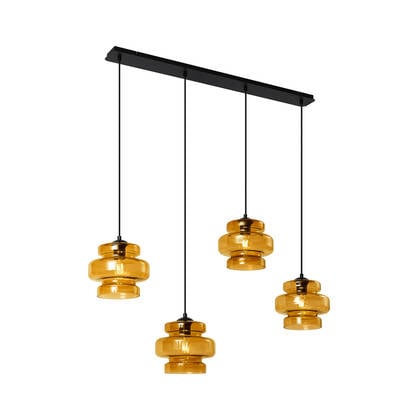 QAZQA Retro hanglamp zwart met oranje glas 4-lichts - Denise
