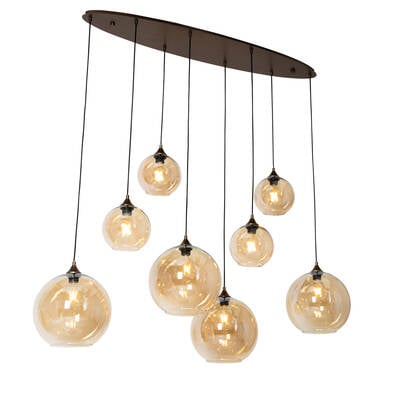 QAZQA Smart hanglamp donkerbrons met amber glas ovaal 8-lichts incl.