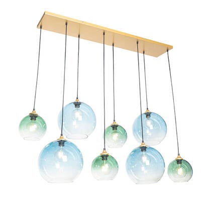 QAZQA Smart hanglamp messing met blauw en groen glas 8-lichts incl. 8