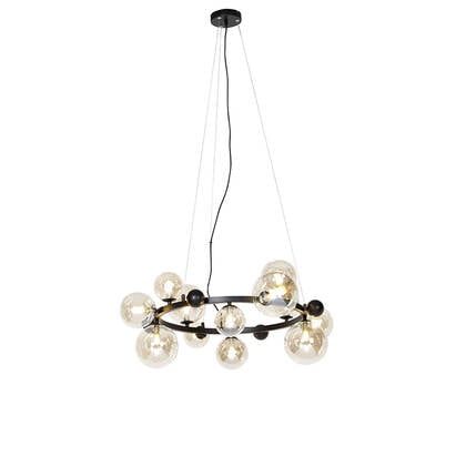 QAZQA Smart hanglamp zwart met amber glas 12-lichts incl. 12 Wifi G9