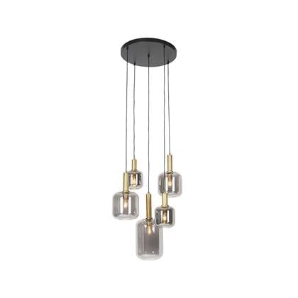 QAZQA Smart hanglamp zwart met goud met smoke glas incl. 5 Wifi A60 -