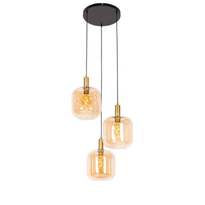 QAZQA Smart hanglamp zwart met messing en amber glas 3-lichts incl. 3