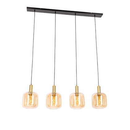QAZQA Smart hanglamp zwart met messing en amber glas 4-lichts incl. 4