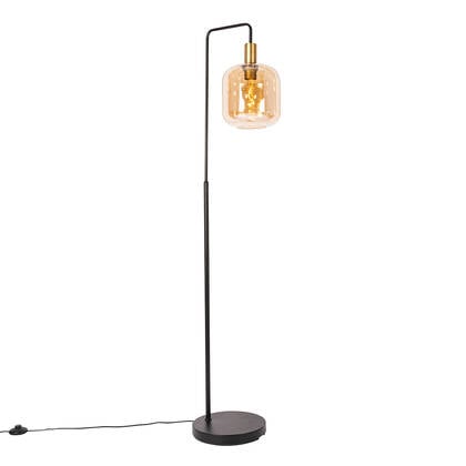 QAZQA Smart vloerlamp zwart met messing en amber glas incl. Wifi G95