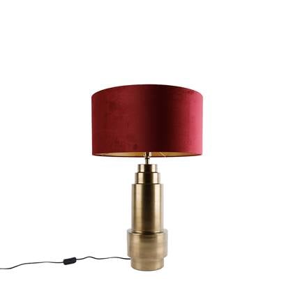 QAZQA Tafellamp brons velours kap rood met goud 50 cm - Bruut