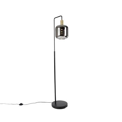 QAZQA Vloerlamp zwart met goud en smoke glas incl. PUCC - Zuzanna
