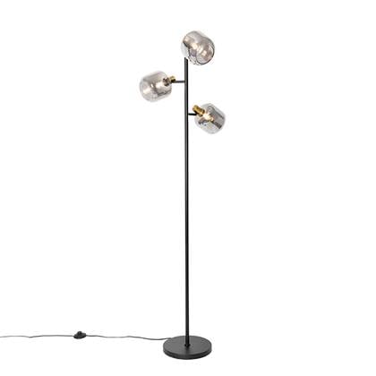QAZQA Vloerlamp zwart met goud met smoke glas 3-lichts - Zuzanna