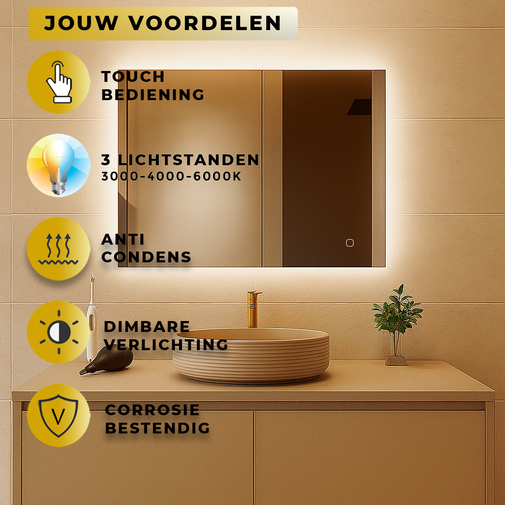 Badkamerspiegel Rechthoek Quatro 80x60CM | LED | Verwarming | Dimbaar
