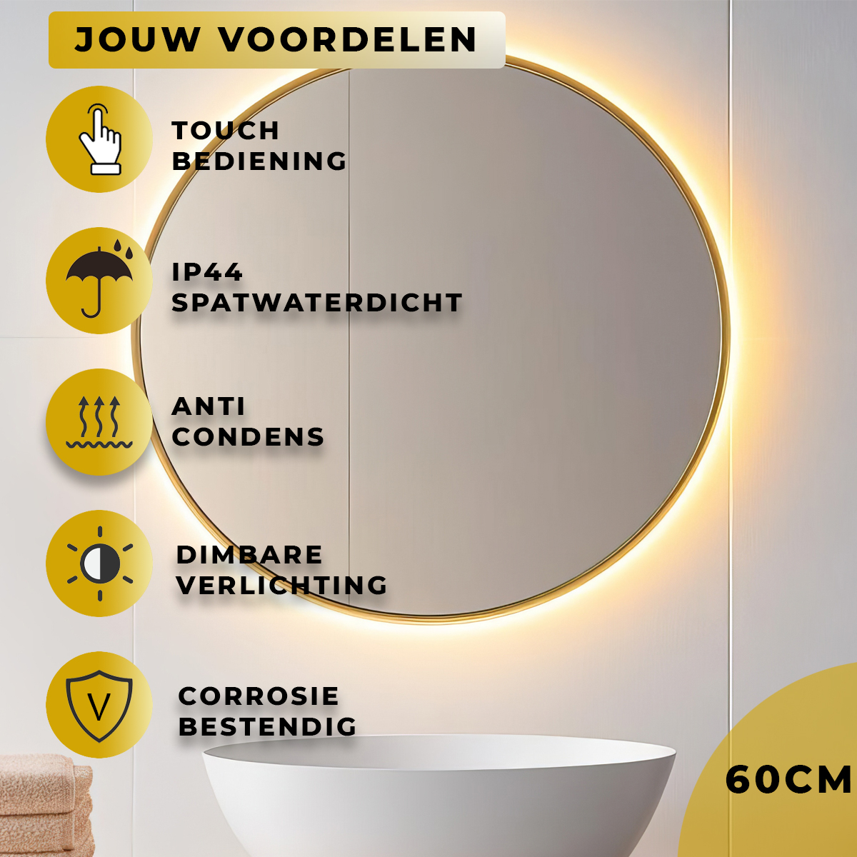 Badkamerspiegel GOUD / Messing Senna Rond | LED | Condensvrij - Afbeelding 2