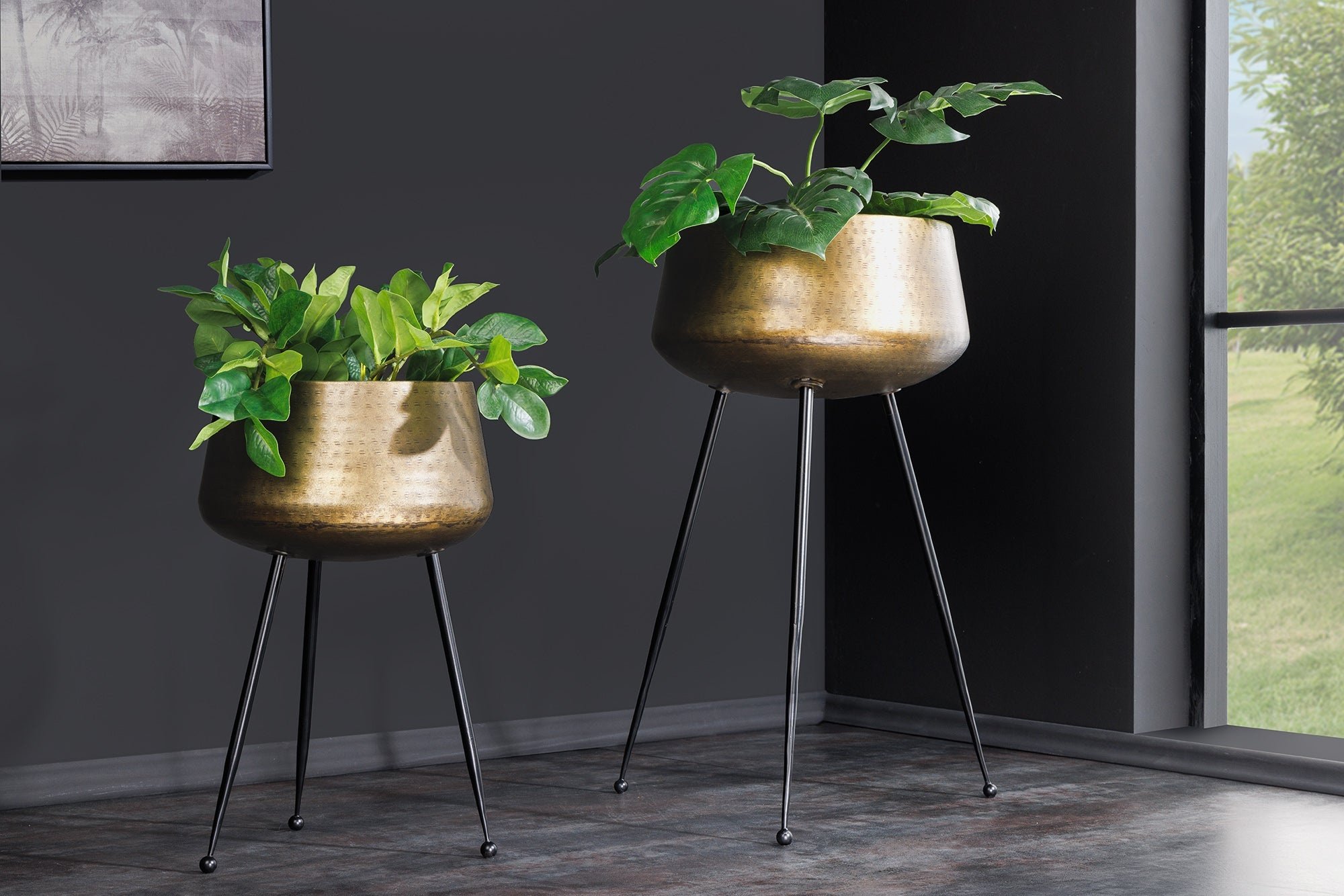 Set van 2 Bloempot FLOWERS 65cm messing goud zwart gehamerd design - 44860